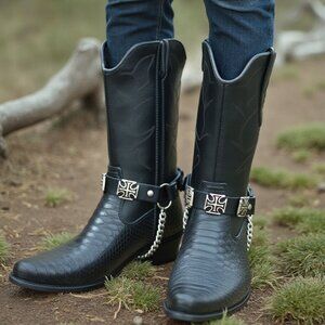 New Men Silver Chain Black Faux Leather Cross Charms Biker Boot 2 Straps Biker